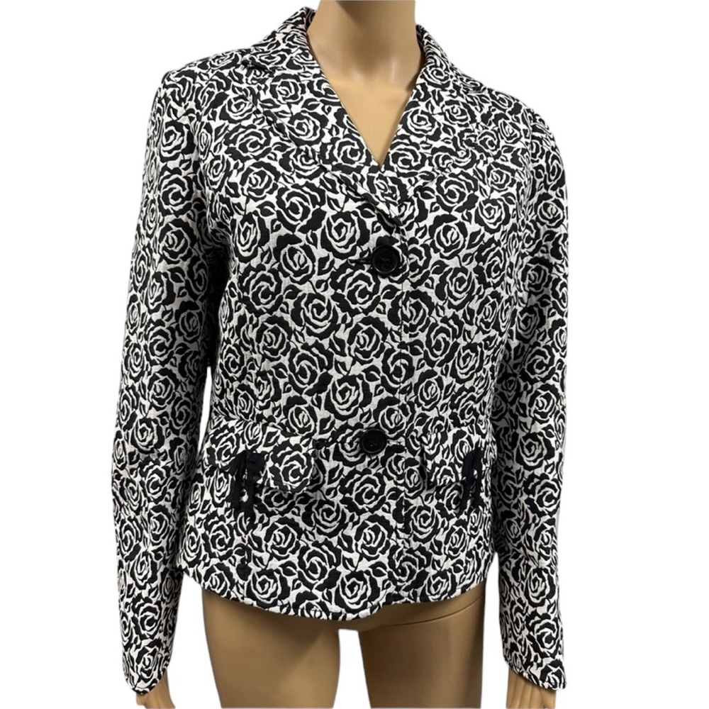 Vintage Liz Claiborne Black White Floral Tapestry 2 Button Blazer Jacket Size 8